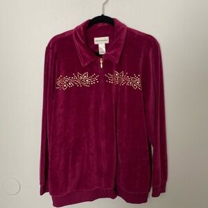 Alfred Dunner Berry Velour Jacket Zip Front Gold Detail Pockets Size Large